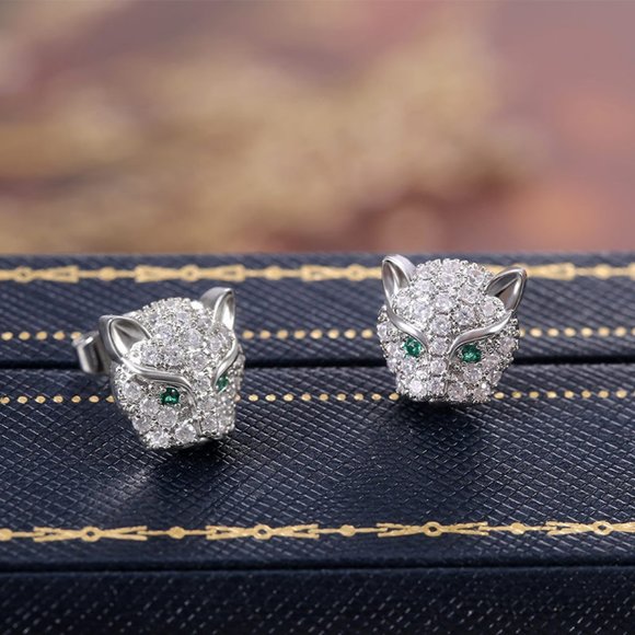 NEW Silver Emerald Diamond Panther Cat Earrings - Picture 3 of 10